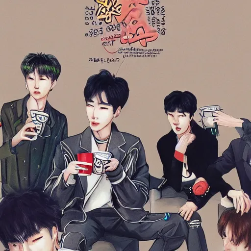 Prompt: a cup of coffee part 4 featuring johnny suh, mark lee, jung jaehyun, ten lee, and kim doyoung, all from the group nct, neo culture technology, art by kim jung gi
