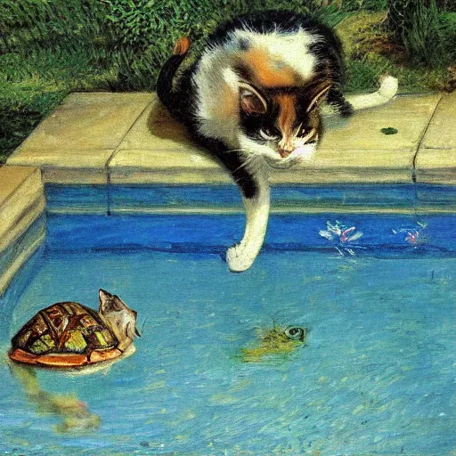 Image similar to painting of a cat playing with a turtle in a swimming pool, impressionism