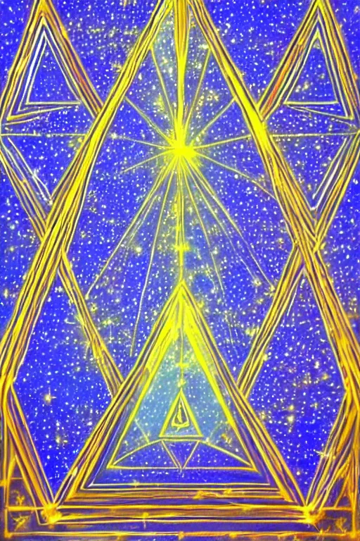 Image similar to visionary art of triangles within triangles of golden light floating in outer space full of stars and galaxies, showing an entrance to another dimension full of light and spiritual joy, elegance and vertical symmetry