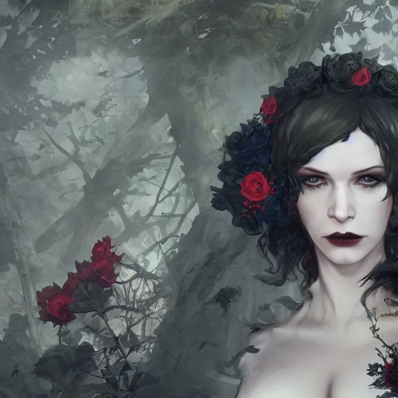 Image similar to goth christina hendricks with flowers in her hand, tankoban, 4 k, tone mapping, akihiko yoshida, james jean andrei riabovitchev marc simonetti, yoshitaka amano, long hair, curly, h. hydrochaeri