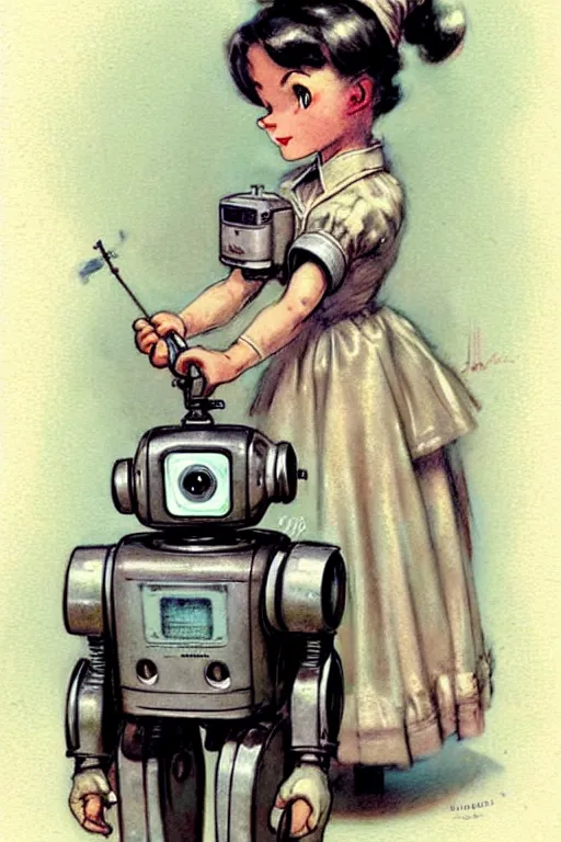 Image similar to (((((1950s maid robot art . muted colors.))))) by Jean-Baptiste Monge !!!!!!!!!!!!!!!!!!!!!!!!!!!