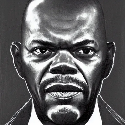 Image similar to Frontal portrait of Samuel L. Jackson from Pulp Fiction. A portrait by Norman Rockwell.