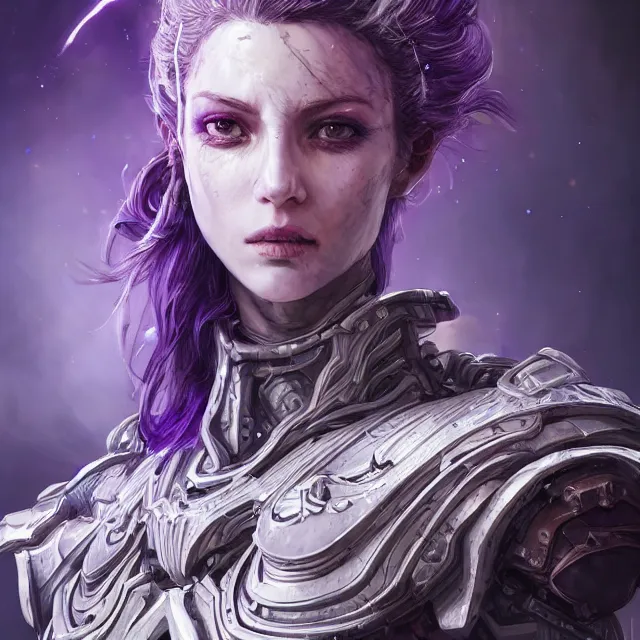 Image similar to close facial portrait of a pale woman in sci - fi armor with a flowing purple, elegant, stoic, intense, ultrafine hyperdetailed illustration by kim jung gi, irakli nadar, intricate linework, sharp focus, bright colors, octopath traveler, final fantasy, hearthstone, highly rendered, global illumination, radiant light, detailed, intricate environment