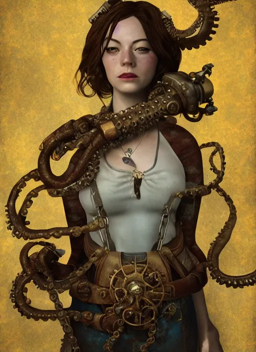 Image similar to underwater steampunk bioshock pirate portrait of emma stone, octopus, hyper detailed, digital art, trending in artstation, cinematic lighting, studio quality, smooth render, unreal engine 5 rendered, octane rendered, art style by klimt and nixeu and ian sprigger and wlop and krenz cushart.