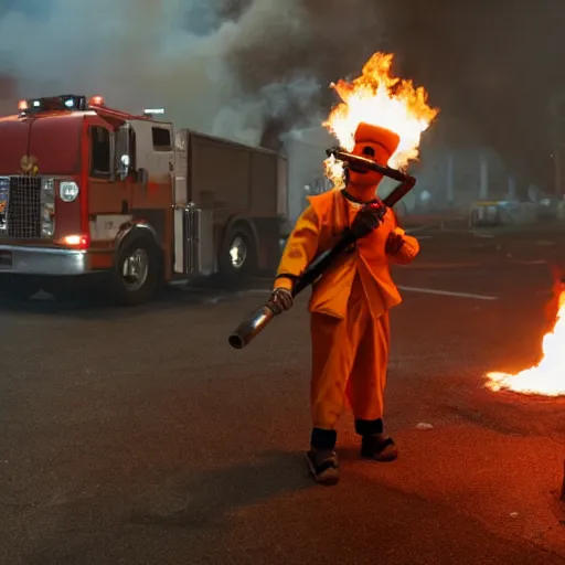 Image similar to photo of a clown using a flamethrower. In the background there is a dumpster fire. award-winning, highly-detailed, 8K