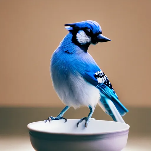 Prompt: photo of blue jay standing on a bowl of several blue macaroons