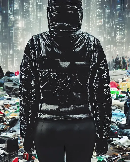 Prompt: detailed portrait guard woman with shaved head seen from the back, cyberpunk futuristic, reflective puffer jacket, black leggings, decorated with traditional ornaments in front of a dystopian crowd with piles of garbage perfect face, fine details, realistic shaded, fine - face, pretty face