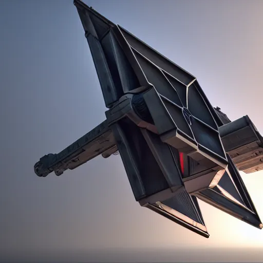 Image similar to a tie fighter coming in for a landing on a usa aircraft carrier. octane 3 d render, cinematic.