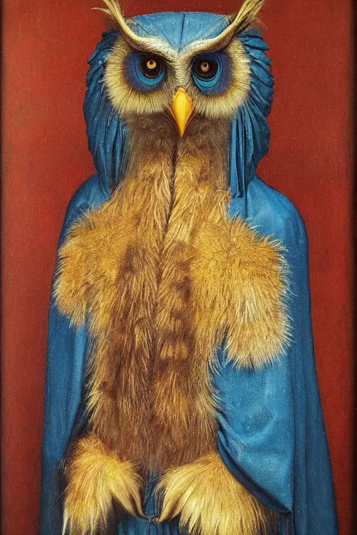 Prompt: portrait of humanoid iridescent blue owlbear wearing a loose tunic. an anthropomorphic owlbear. fantasy, oil painting by jan van eyck, northern renaissance art, oil on canvas, wet - on - wet technique, realistic, expressive emotions, intricate textures, illusionistic detail