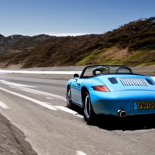 Image similar to an action photograph of a singer porsche driving along the pacific coast highway, ocean in the background, 8 k,