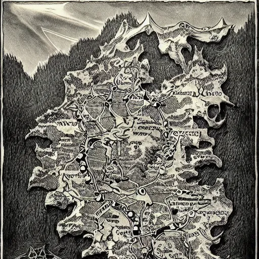 Prompt: old vintage dark fantasy map, horror, nightmare, extremely detailed, elden ring