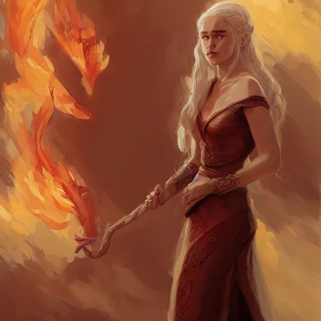 Image similar to daenerys targaryen as a firebender, portrait, elegant, intricate, digital painting, artstation, concept art, smooth, sharp focus, illustration, art by konstantin korovin and daniel f. gerhartz and john howe