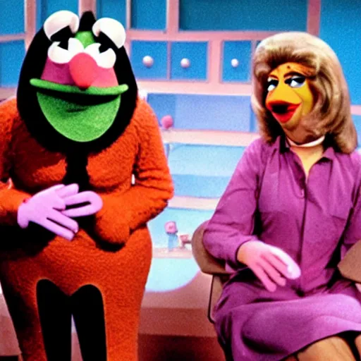 Prompt: 1983 happy woman on a talk show show with a long prosthetic snout nose, big nostrils, wearing a dress, 1983 French film color archival footage color film 16mm Fellini Almodovar John Waters Russ Meyer Muppet Show