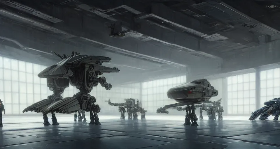 Prompt: hyper realistic sci - fi matte concept art painting of mecha in a starship hanger, starship in background, beautiful details, strong composition painted by kim jung guweta studio rutkowski, james gurney and greg rutkowski, and lucasfilm, smooth, intricate, detailed, sharp focus, cinematic