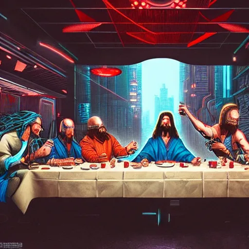 Image similar to the last supper, cyberpunk, futuristic, scify, insanely detailed, trending on artstation, dan mumford, houdini render, digital art