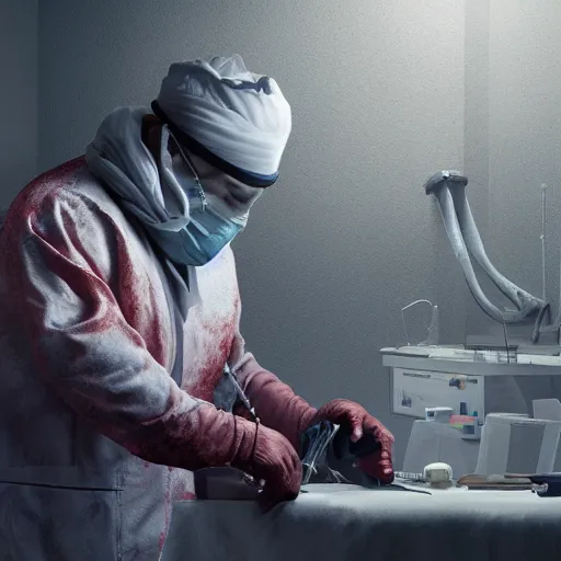 Image similar to a highly detailed photographic render of a surgeon operating on a specimen, creature, outlast, outlast 2, outlast game, horror, dark fantasy, beautifully lit, ray traced, octane 3D render in the style of Gerald Brom and James Gurney