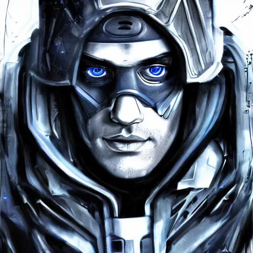 Prompt: hank j wimbleton cyberpunk futuristic darkblue eyes realistic detailed black and white