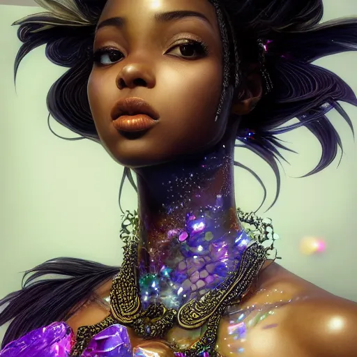 Prompt: the portrait of the absurdly beautiful, graceful, elegant, gorgeous, sensual black young anime goddess made of crystals, an ultrafine hyperdetailed illustration by kim jung gi, irakli nadar, intricate linework, bright colors, octopath traveler, final fantasy, unreal engine 5 highly rendered, global illumination, radiant light, intricate environment