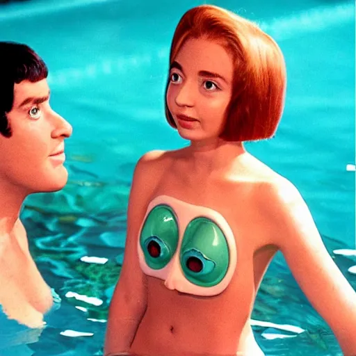 Image similar to a woman and her friend an anthropomorphic nostril in a swimming pool live-action childrens television show 1974 technicolor