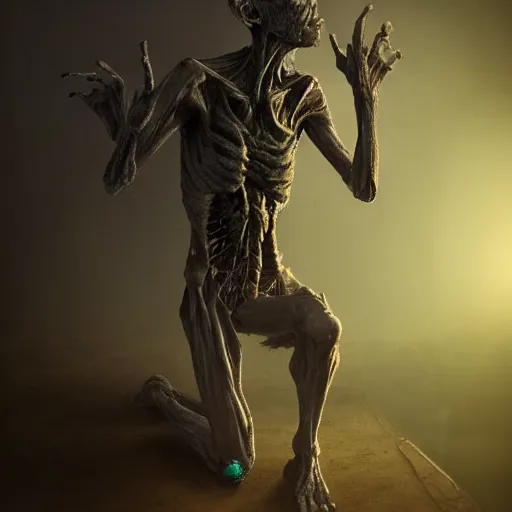 Prompt: nightmarish skinny old creature, cracked skin, crouching on floor, full body, mystical, volumetric lighting, super detailed intricate, in the style of Filipe Pagliuso on Artstation