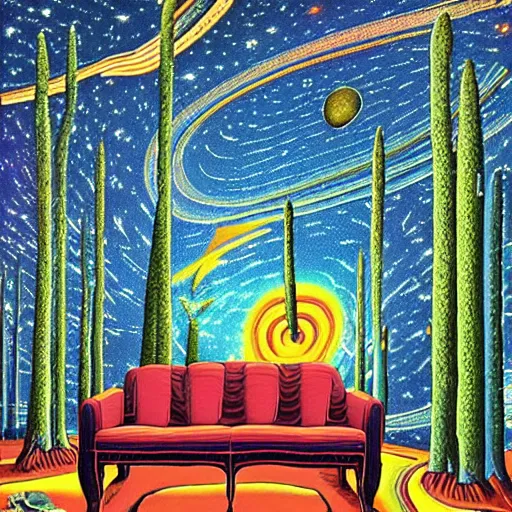 Prompt: psychedelic trippy saturn pine forest, planets, milky way, sofa, cartoon by rob gonsalves