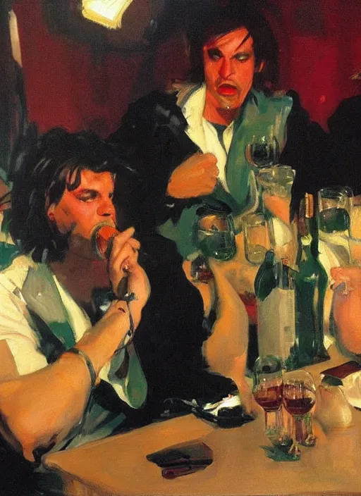 Prompt: glam rocker drinking brutal and raw wine with his friends, inside a green room with red lights by joaquin sorolla, phil hale