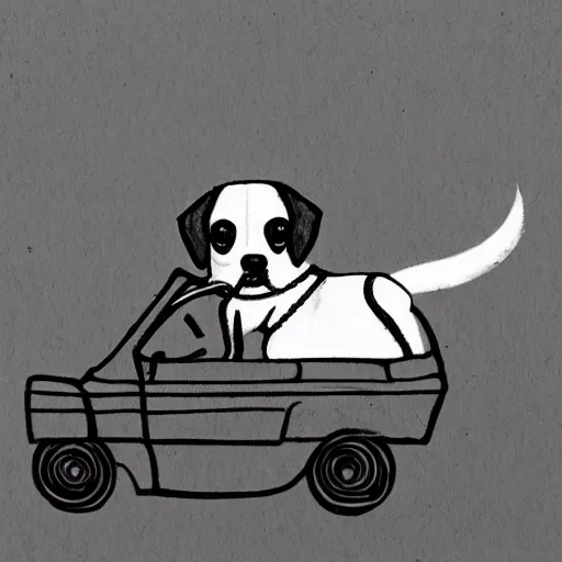 Image similar to a dog riding a race car in the style of P.D. Eastman