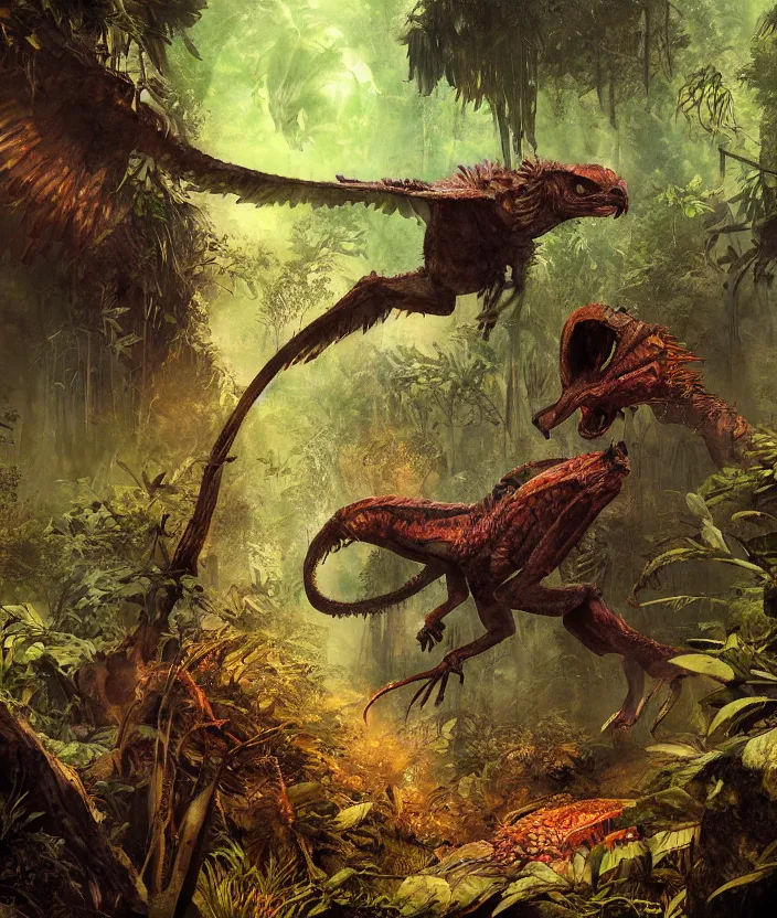 Prompt: Raptor stalking in the jungle, mysterious, fantasy artwork, godrays, warm colors, by seb mckinnon