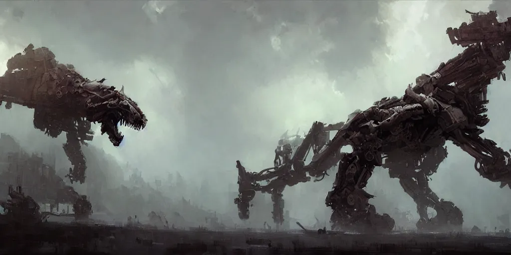 Image similar to beautiful painting by jeremy mann, a mechanical jaguar creature of horizon forbidden west horizon zero dawn, concept art, fantasy, desaturated, ominous, unsettling, sharp focus, octopath traveler, unreal engine highly rendered, global illumination, dramatic lighting, misty