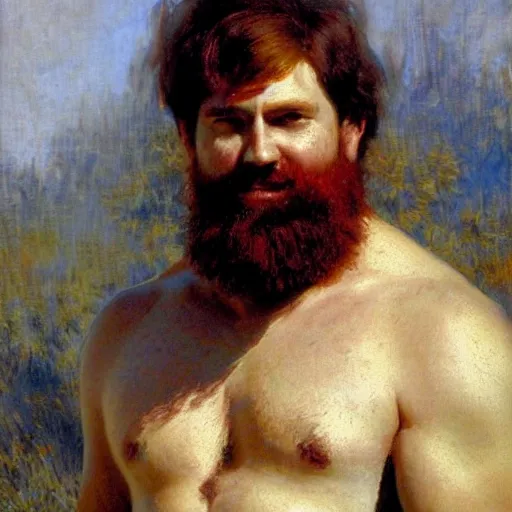 Image similar to a bearded, ginger, hairy man with an husky body type, painting by Gaston Bussiere, Craig Mullins