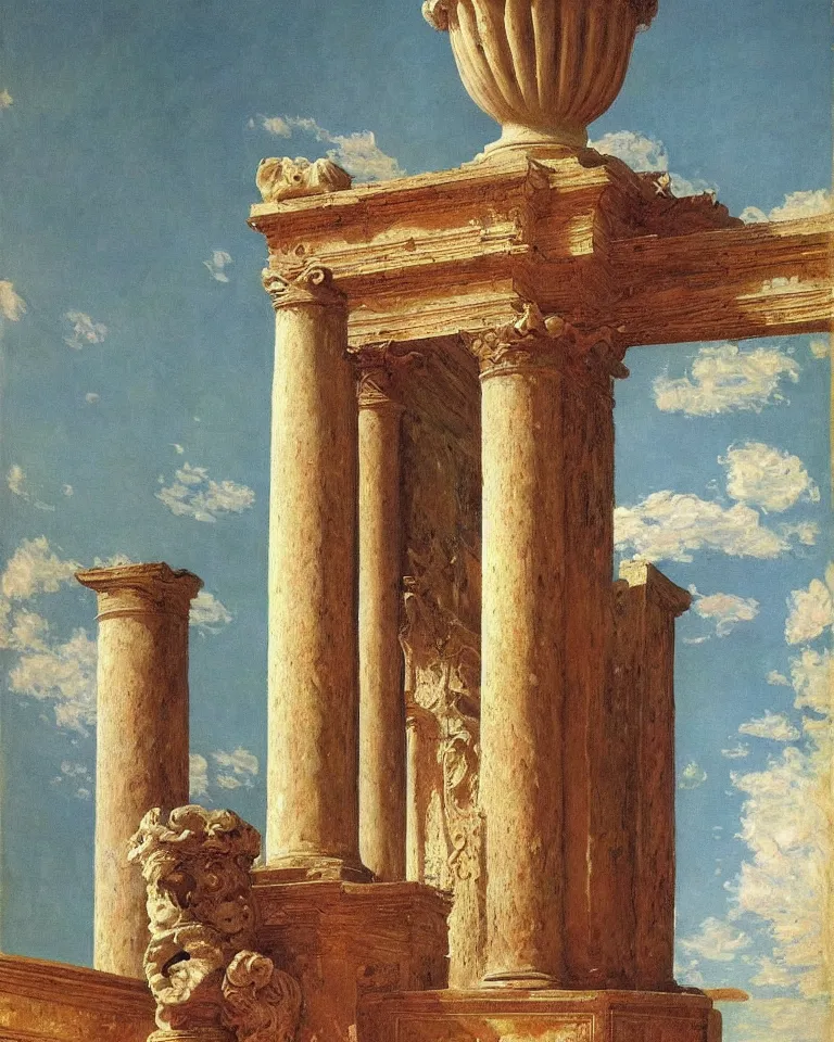 Image similar to achingly beautiful painting of intricate ancient roman corinthian capital on sherbet background by rene magritte, monet, and turner. giovanni battista piranesi.