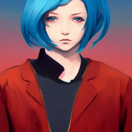 Image similar to ilya kuvshinov with long sky blue hair, gold eyes, boyish face, professional digital painting, concept art, award - winning photography, 8 k, cinematic, wlop, color block, in the background, art by greg rutkowski, pixiv art, yoshitaka amano