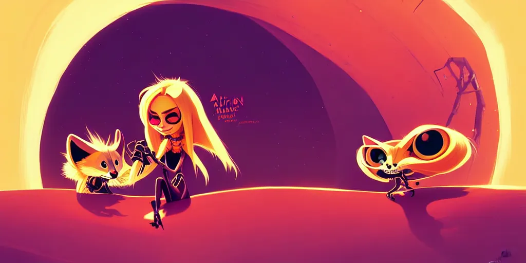 Image similar to curved perspective, extreme narrow, extreme fisheye, digital art of a female marten animal cartoon character wearing jewlery with blonde hairstyle by anton fadeev from nightmare before christmas