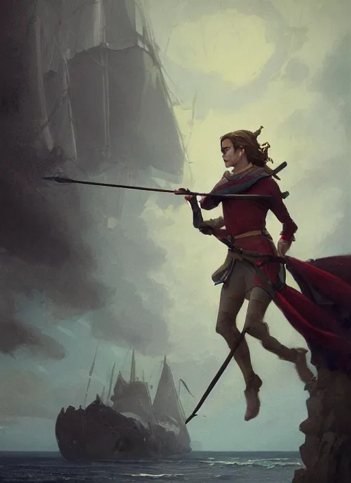 Image similar to hyper realistic photo of medieval beautiful sailor hunter emma watson with a harpoon in her hand, full body, rule of thirds, conceptart, saturated colors, cinematic, greg rutkowski, brom, james gurney, mignola, craig mullins, artstation, cgsociety