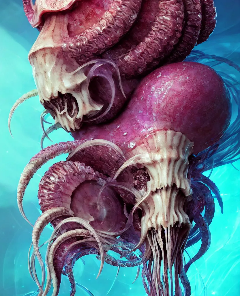 Image similar to goddess close-up portrait ram skull. eyes. jellyfish phoenix head, nautilus, orchid, skull, betta fish, bioluminiscent creatures, intricate artwork by Tooth Wu and wlop and beeple. octane render, trending on artstation, greg rutkowski very coherent symmetrical artwork. cinematic, hyper realism, high detail, octane render, 8k