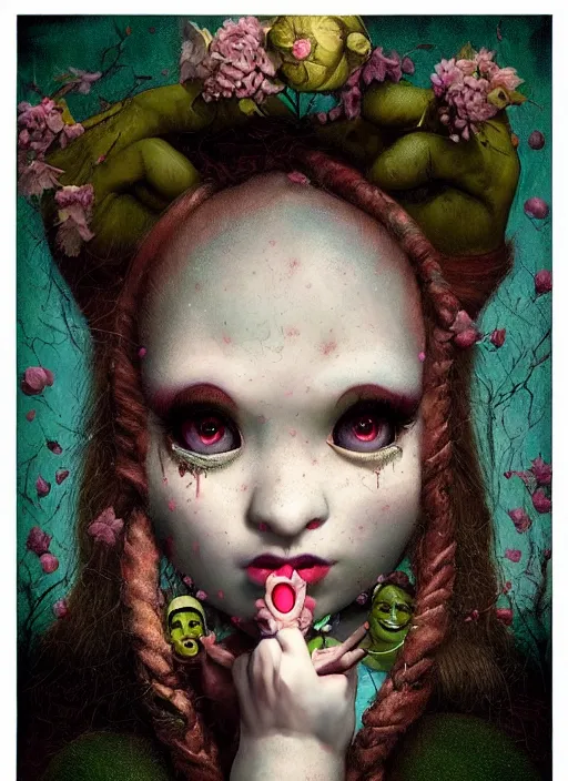 Prompt: pop surrealism, lowbrow art, realistic shrek painting, japanese street fashion, hyper realism, muted colours, rococo, natalie shau, loreta lux, tom bagshaw, mark ryden, trevor brown style,