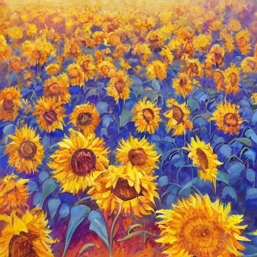 Image similar to A beautiful painting of A sea of sunflowers under the starry sky