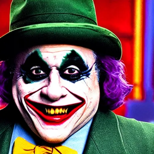 Prompt: Danny Devito as The Joker, still image from Batman movie