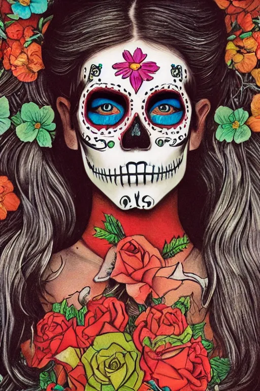 Prompt: illustration of a sugar skull day of the dead girl, art by steve mccurry