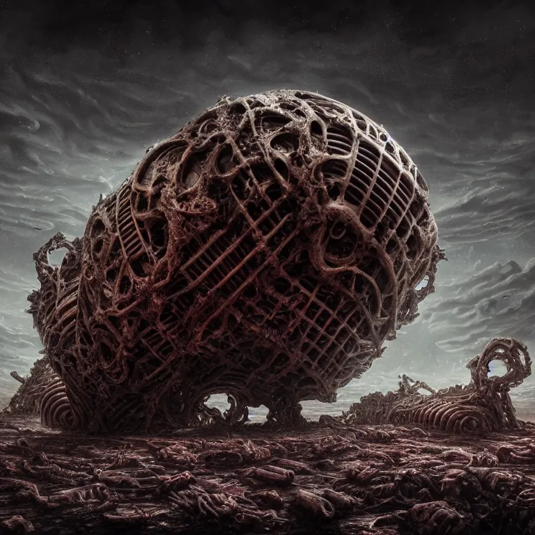 Image similar to portrait of ribbed abandoned biomechanical organic crashed spaceship on exoplanet in a desolate empty wasteland, covered with organic flesh, meat, creepy, nightmare, dream-like heavy atmosphere, surreal abandoned buildings, baroque painting, beautiful detailed intricate insanely detailed octane render trending on Artstation, 8K artistic photography, photorealistic, chiaroscuro, cinematic volumetric light, Raphael, Caravaggio, Beksinski, Giger