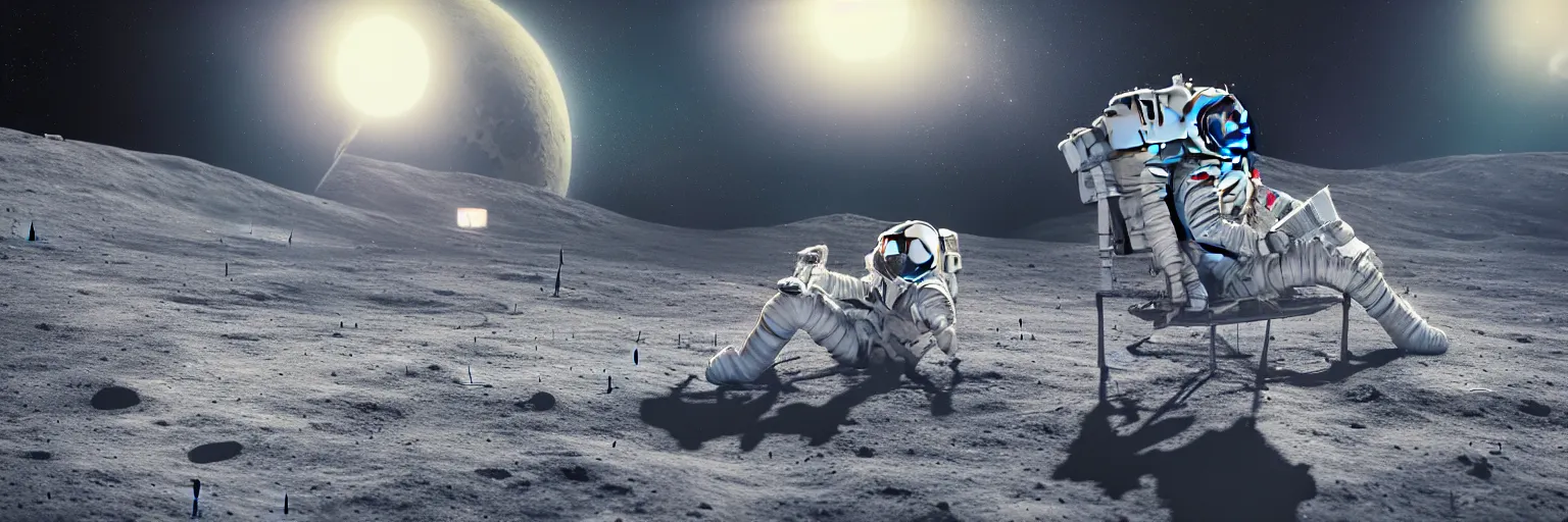 Prompt: A highly photographic render of one astronaut on the Moon, sitting on a lawn chair reading a book facing planet Earth, rim lighting, cinematic lighting, octane engine, photo realistic image, 4K, super detailed, cinematic look