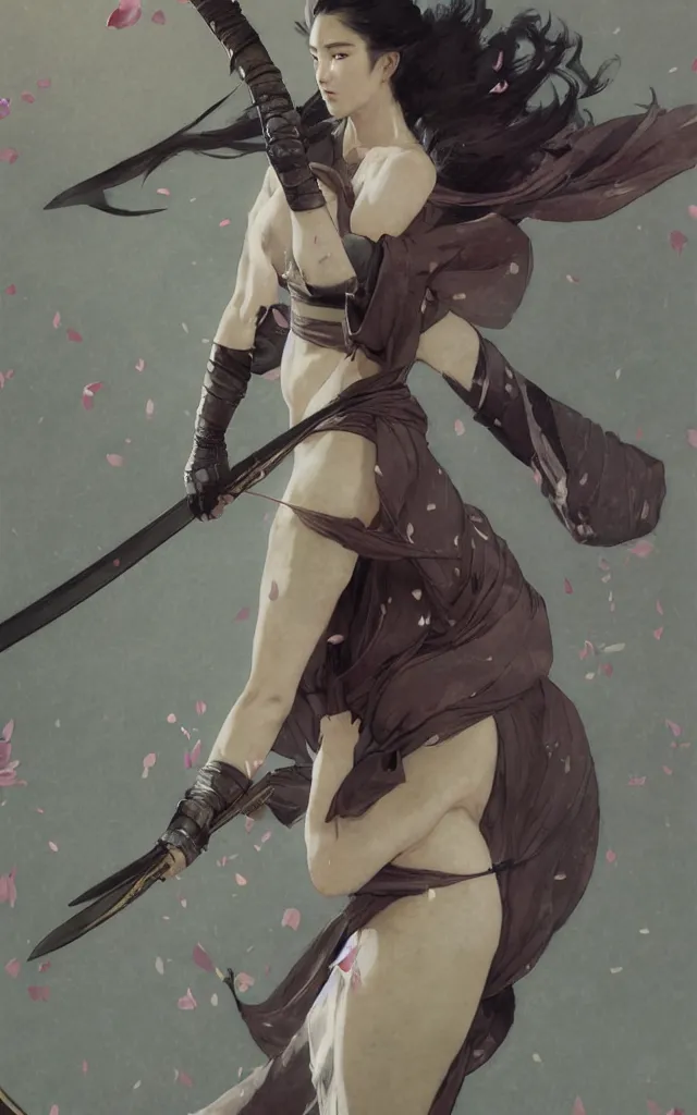 Image similar to modern elegant female ninja samurai, with large sword, feminine, powerful, beautiful, upper body, muscular arms and abdominals, full body, wide leg hakama trousers, highly detailed, digital painting, sakura tree petals, concept art, smooth, sharp focus, illustration, by gaston bussiere, mucha, gerome, craig mullins, greg rutkowski,