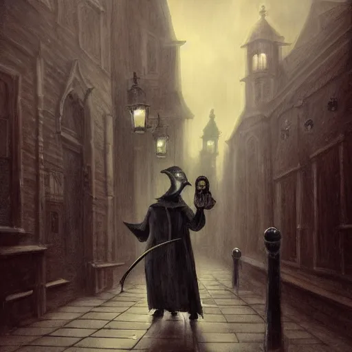 Image similar to a plague doctor walks through a Victorian city, dark atmosphere, detailed, dark Colors