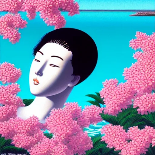 Image similar to Hiroshi Nagai, award winning masterpiece with incredible details, Hiroshi Nagai, a surreal vaporwave vaporwave vaporwave vaporwave vaporwave painting by Hiroshi Nagai of an old pink mannequin head with flowers growing out, sinking underwater, highly detailed Hiroshi Nagai