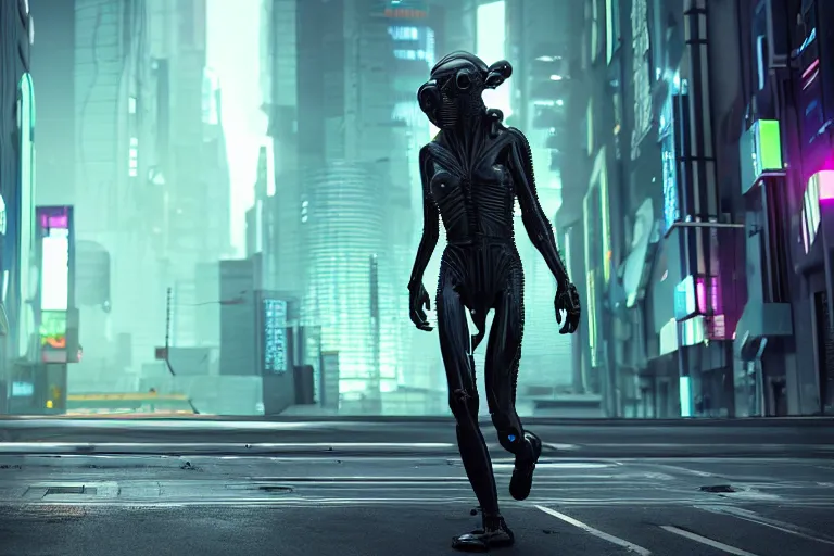 Image similar to cyberpunk alien concept inspired street, futuristic look, highly detailed body, very powerful, photorealistic camera shot, bright studio setting, studio lighting, crisp quality and light reflections, unreal engine 5 quality render