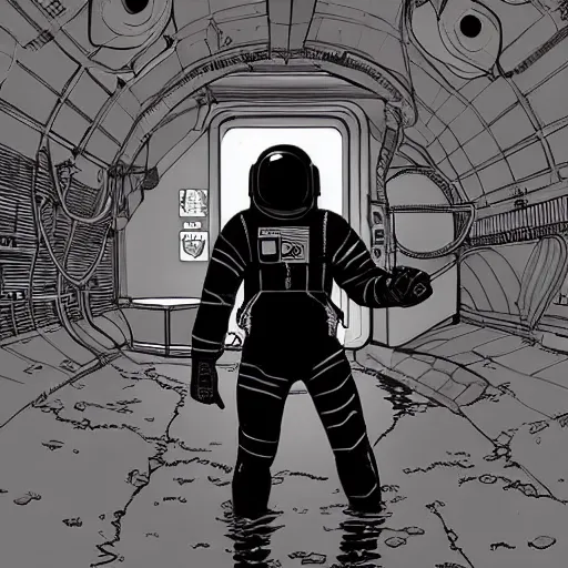 Prompt: An astronaut alone inside an empty dark flooded in style of travis charest and laurie greasley, trending on ArtStationH