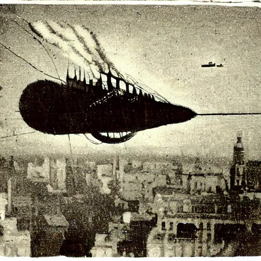 Image similar to grainy 1800s photo of a dirigible warship being shot down over a city