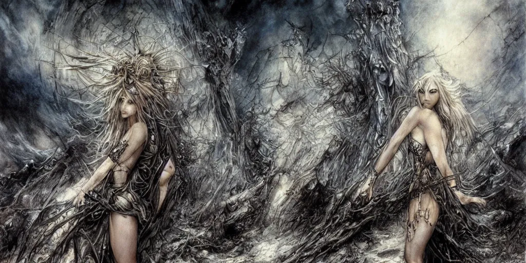 Prompt: the world collapsing on itself painted by luis royo