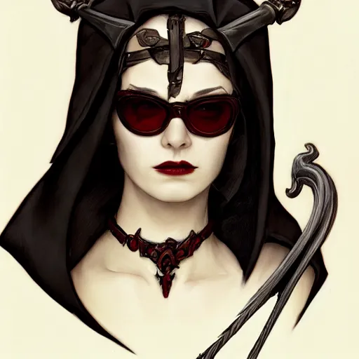 Prompt: DND character, portrait of a dangerous woman in a black hooded cloak wearing skull facepaint and black sunglasses , she has short red hair and carries a large sword, video game art, trending on artstation, Gerald Brom, Alphonse Mucha