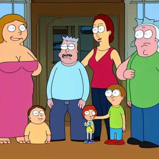 Image similar to family guy family portrait by justin roiland, style of rick and morty, justin roiland, cartoon, detailed, 8 k